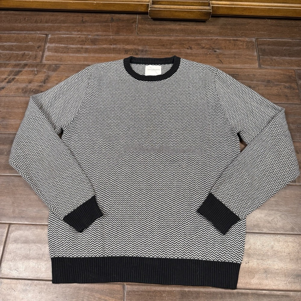 Saturdays NYC Sweater Raglan Wool Herringbone |‎ Black White | Size Small